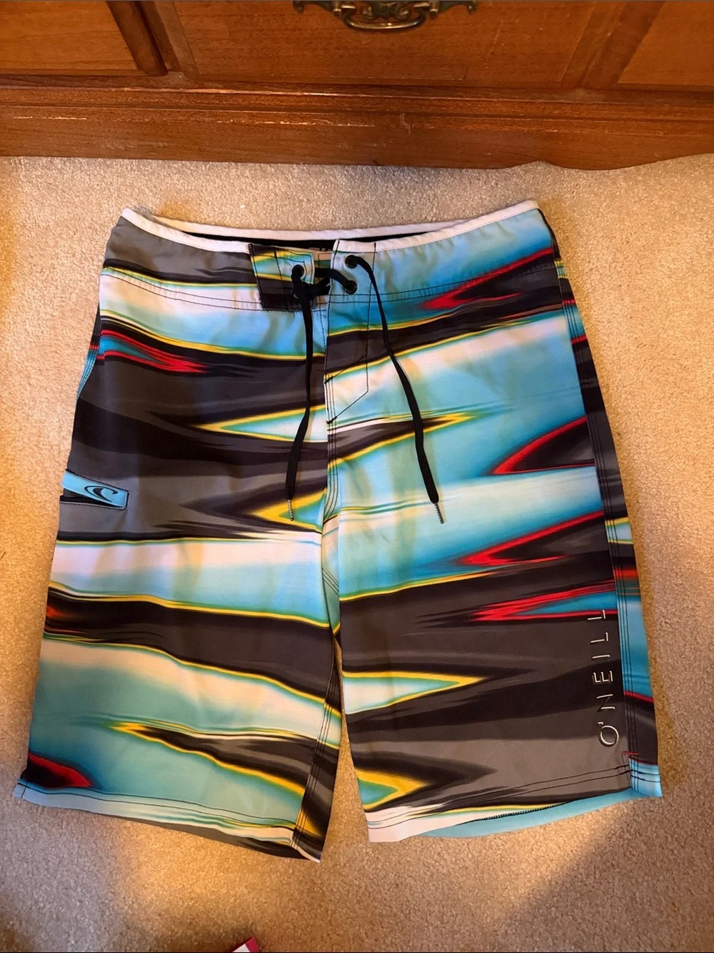 O'Neill Teal Black Red Stripe Hybrid Boardshorts